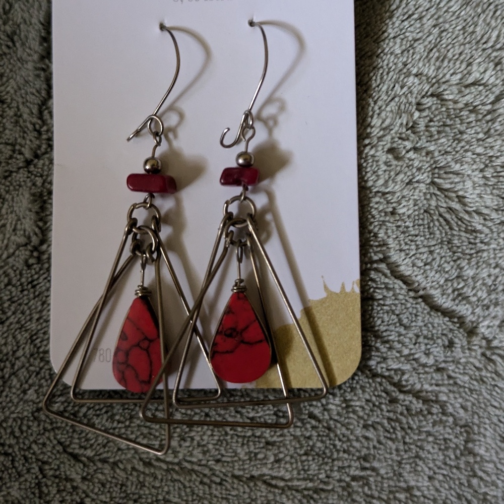 Handmade Red Tagua Triangle Earring